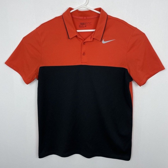 NIKE Dri-Fit Icon Colorblock Golf Shirt Swoosh 882085-852 Mens Sz L Orange Black - Picture 1 of 6